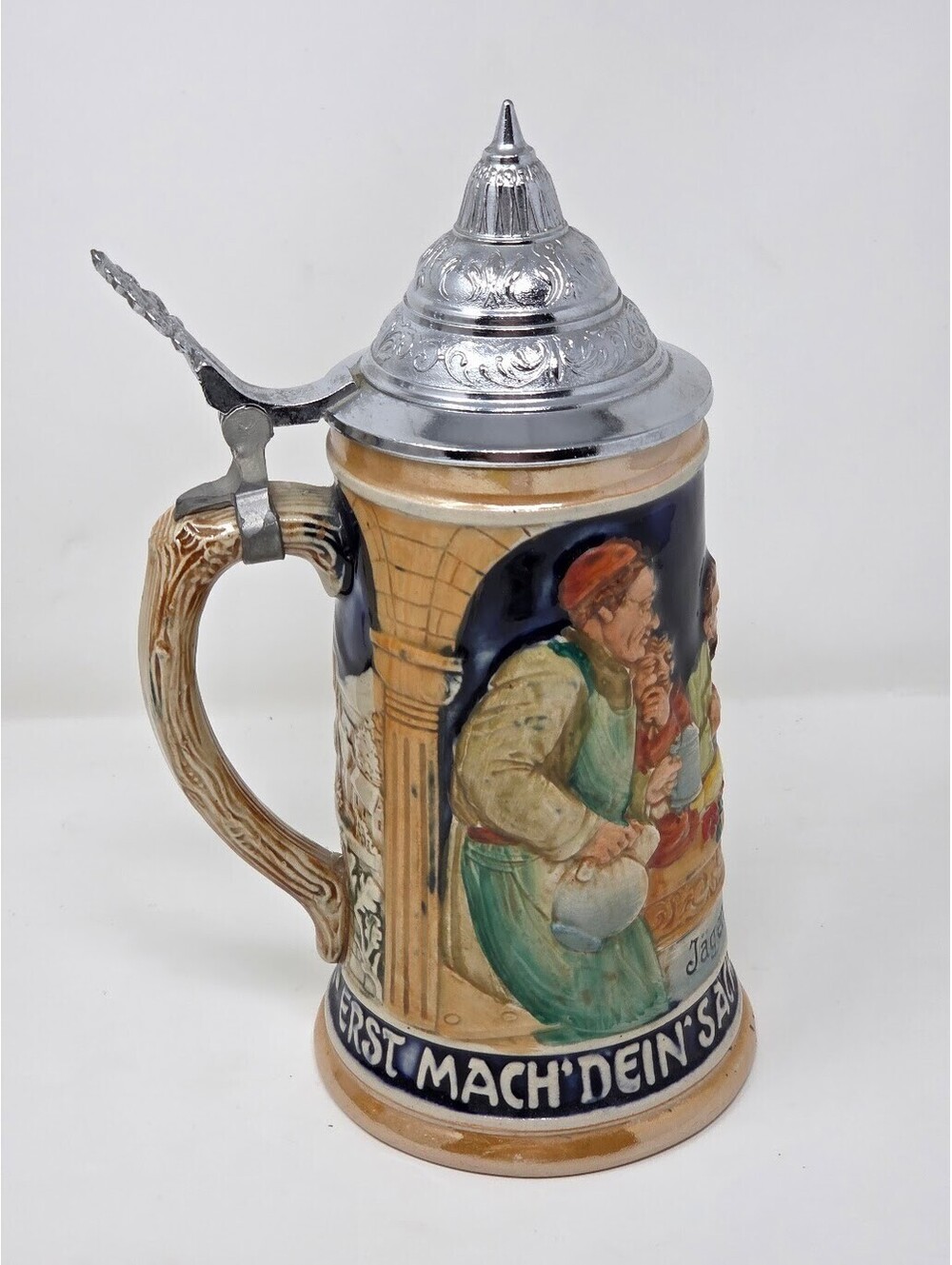 Vintage West Germany Beer Stein Pewter Lid Relief Tavern Scene 11” Ceramic
